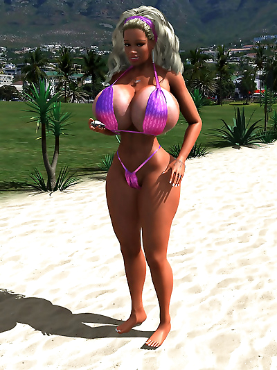 Blonde 3d babe in bikini flashes her massive tits at the public beach - part 438
